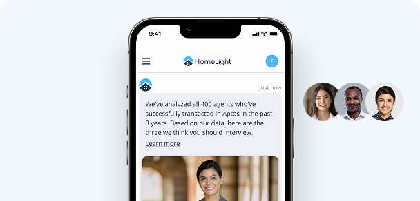 HomeLight mobile app showing agent recommendations with profile photos